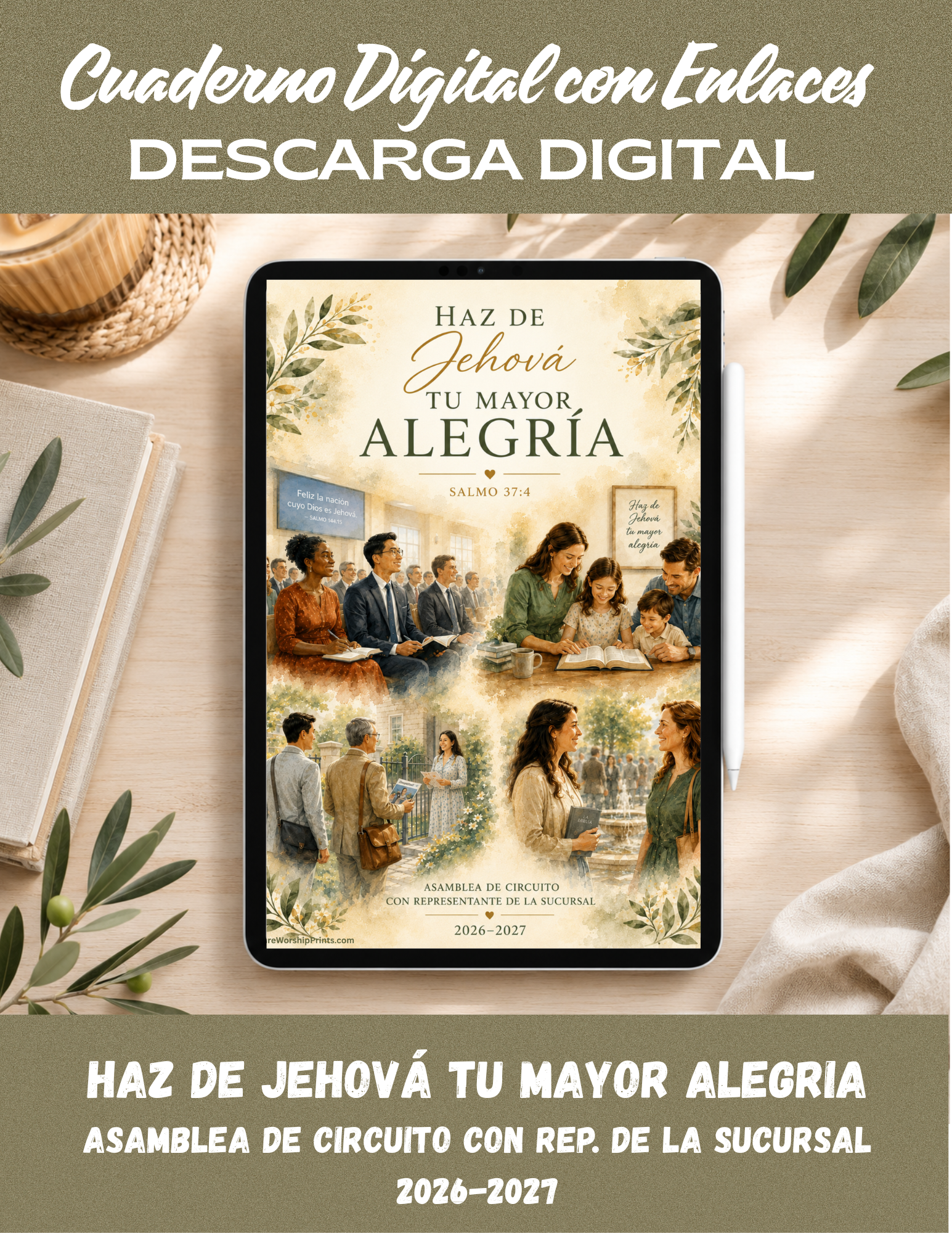 Cuaderno Digital Hipervinculado en español para la Asamblea de Circuito 2026–2027 "Haz de Jehová tu mayor alegría", con pestañas interactivas para una navegación rápida en Goodnotes y aplicaciones compatibles.