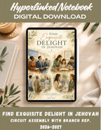 Hyperlinked Digital Circuit Assembly Notebook for the 2026–2027 theme "Find Exquisite Delight in Jehovah," featuring 30 interactive pages with navigation tabs, assembly notes, Favorite Scriptures, and Personal Application.
