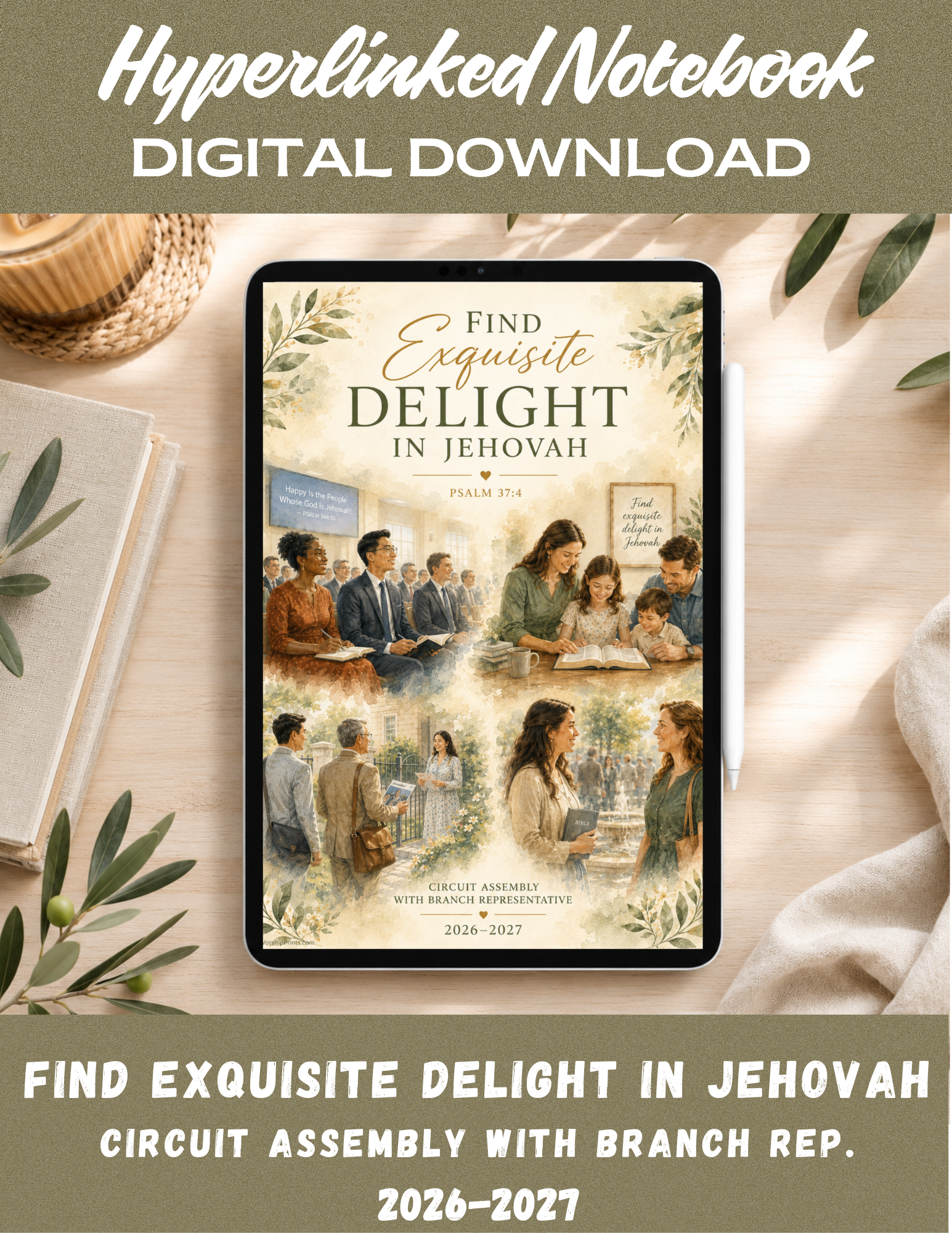Hyperlinked Digital Circuit Assembly Notebook for the 2026–2027 theme "Find Exquisite Delight in Jehovah," featuring 30 interactive pages with navigation tabs, assembly notes, Favorite Scriptures, and Personal Application.
