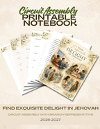 Printable English Circuit Assembly Notebook for the 2026–2027 theme "Find Exquisite Delight in Jehovah," featuring 30 pages for assembly notes, favorite scriptures, and personal application.