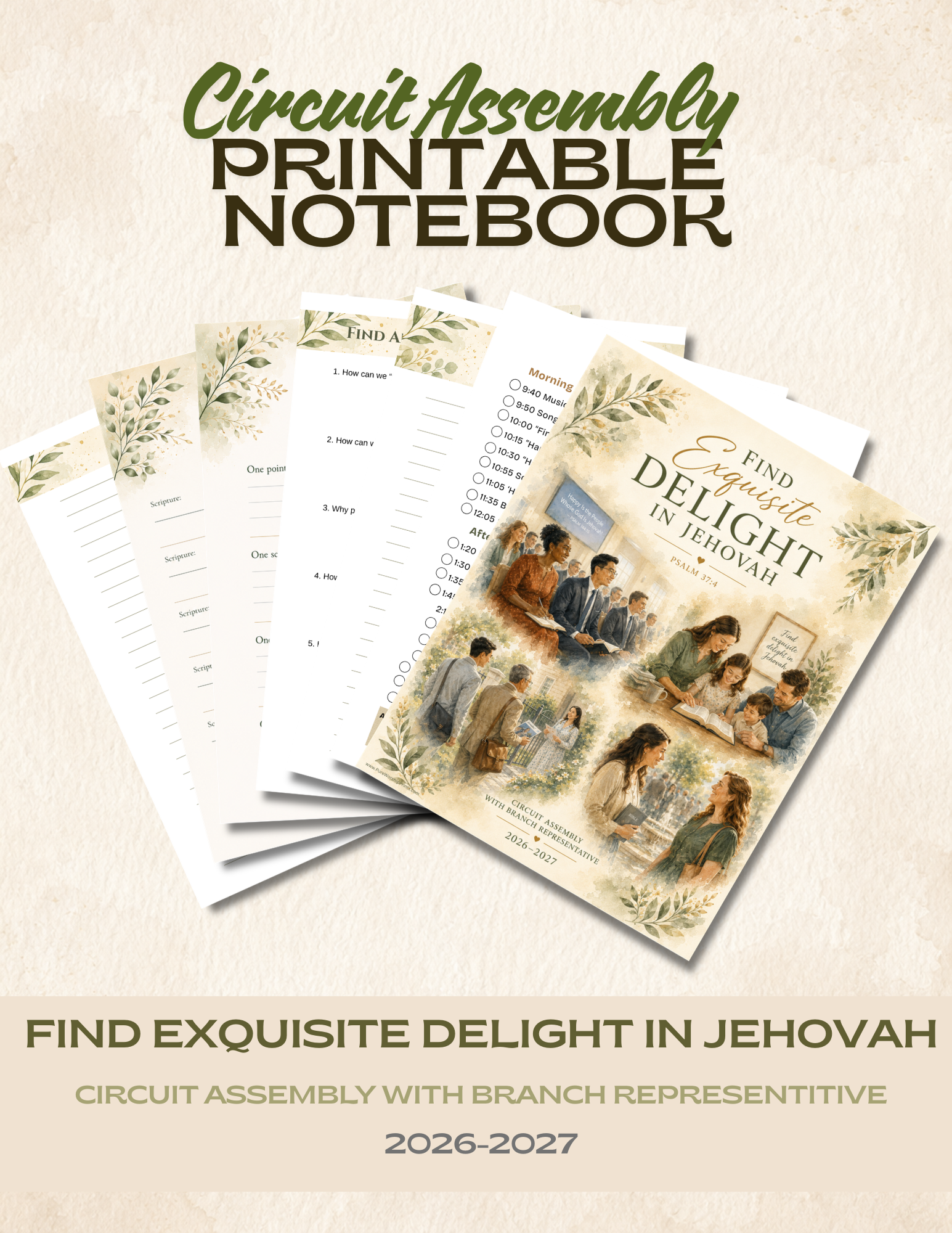Printable English Circuit Assembly Notebook for the 2026–2027 theme "Find Exquisite Delight in Jehovah," featuring 30 pages for assembly notes, favorite scriptures, and personal application.