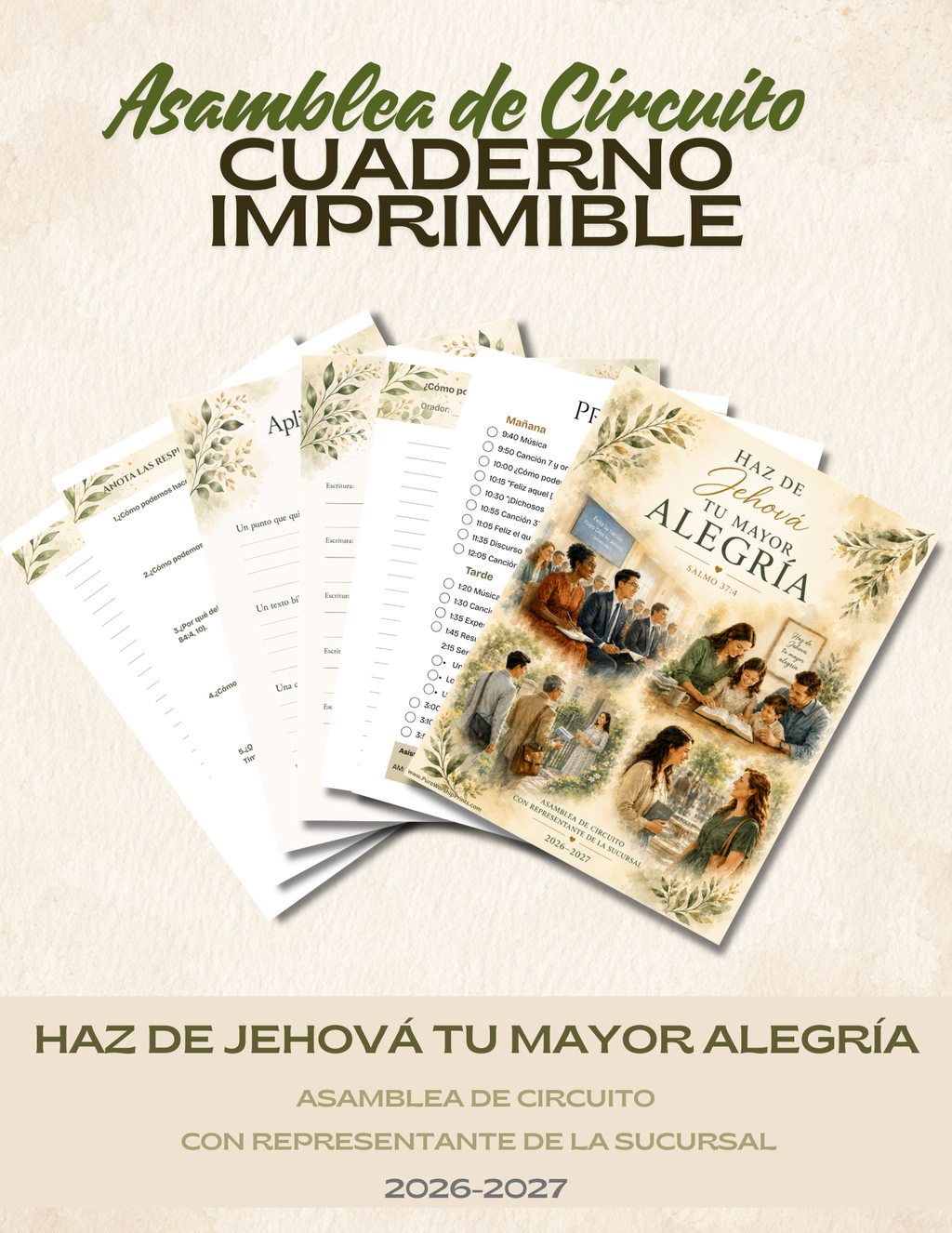 Cuaderno imprimible en español para la Asamblea de Circuito 2026–2027 "Haz de Jehová tu mayor alegría", con 30 páginas para seguir el programa, tomar notas y registrar escrituras favoritas.