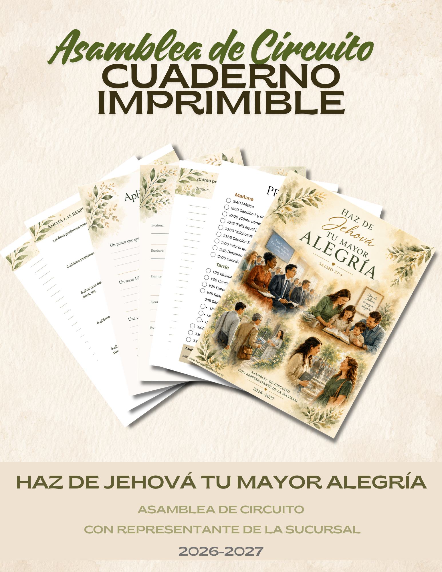 Cuaderno imprimible en español para la Asamblea de Circuito 2026–2027 "Haz de Jehová tu mayor alegría", con 30 páginas para seguir el programa, tomar notas y registrar escrituras favoritas.