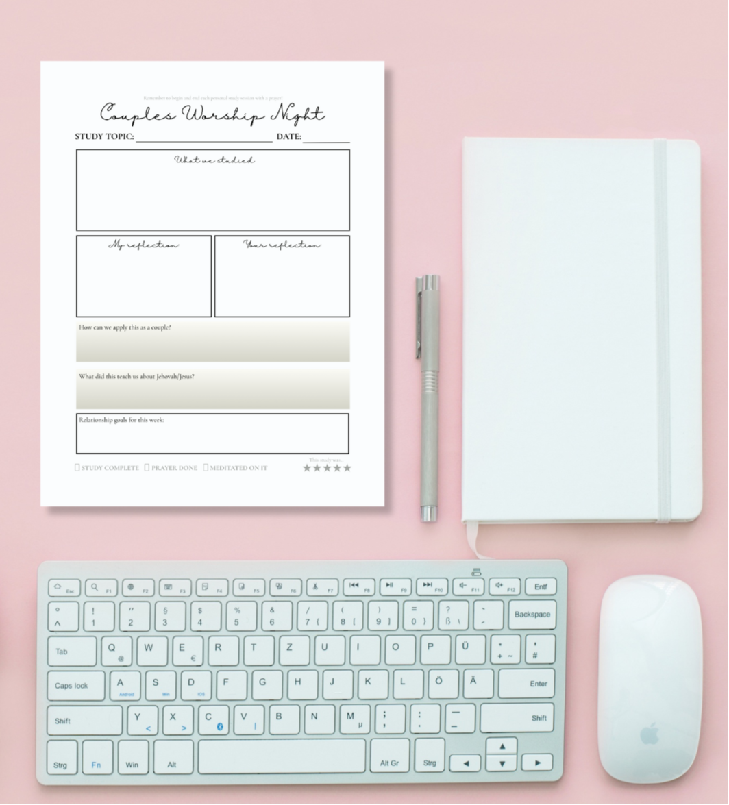 Couples worship night printable worksheet on pink background with other office supplies 