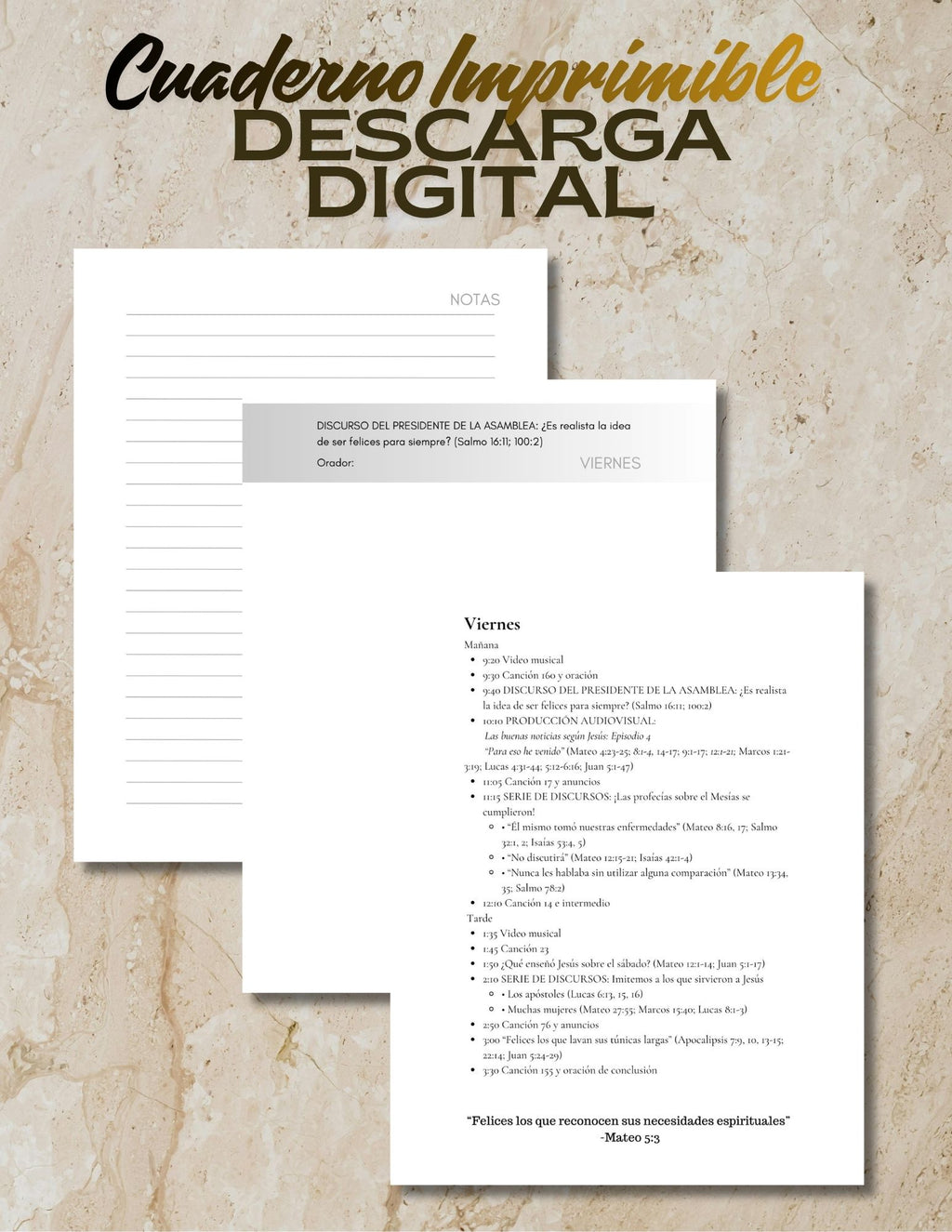 Cuaderno JW con notas programa 3 días imprimible 8.5x11