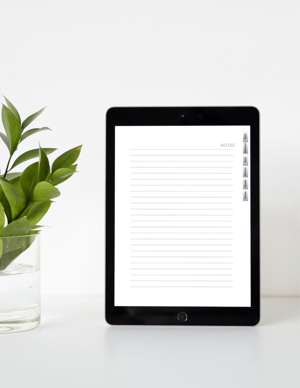 Digital tablet with a note-taking app on a white surface with a plant.