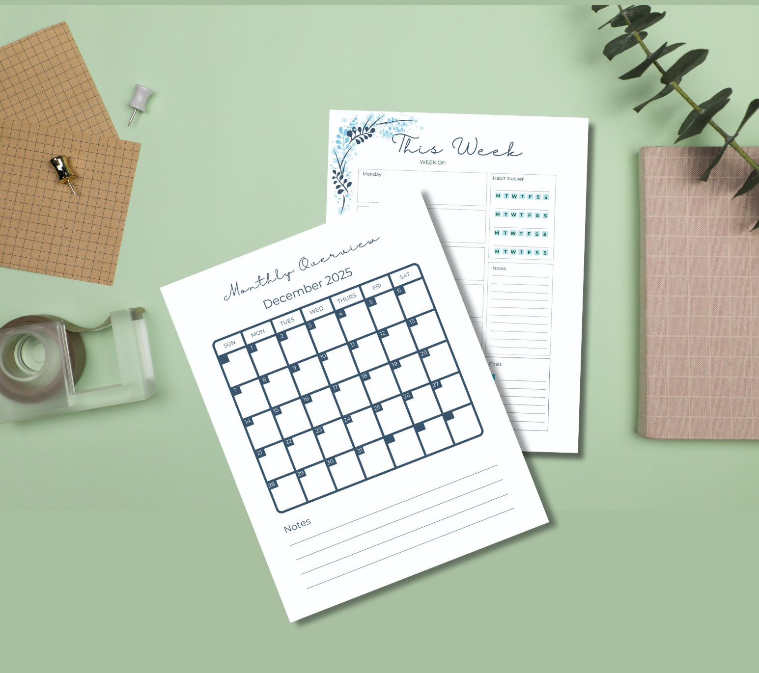December 2025 Free Printable Planner Pack PDF with monthly calendar, weekly planner pages, meal plan, budget sheet, task list, and notes page for personal planning