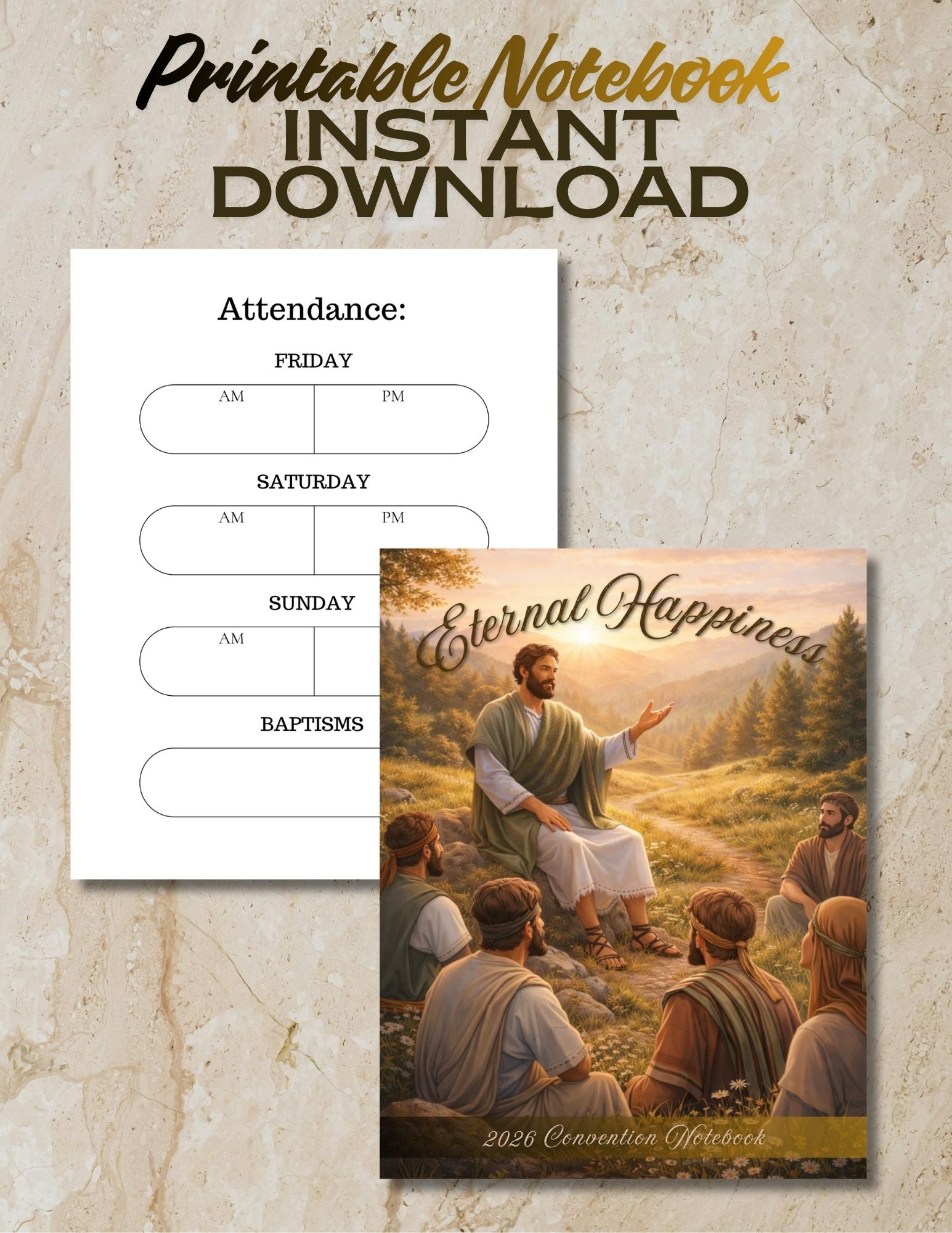 Printable notebook with attendance sheet and 'Eternal Happiness' cover on a textured background