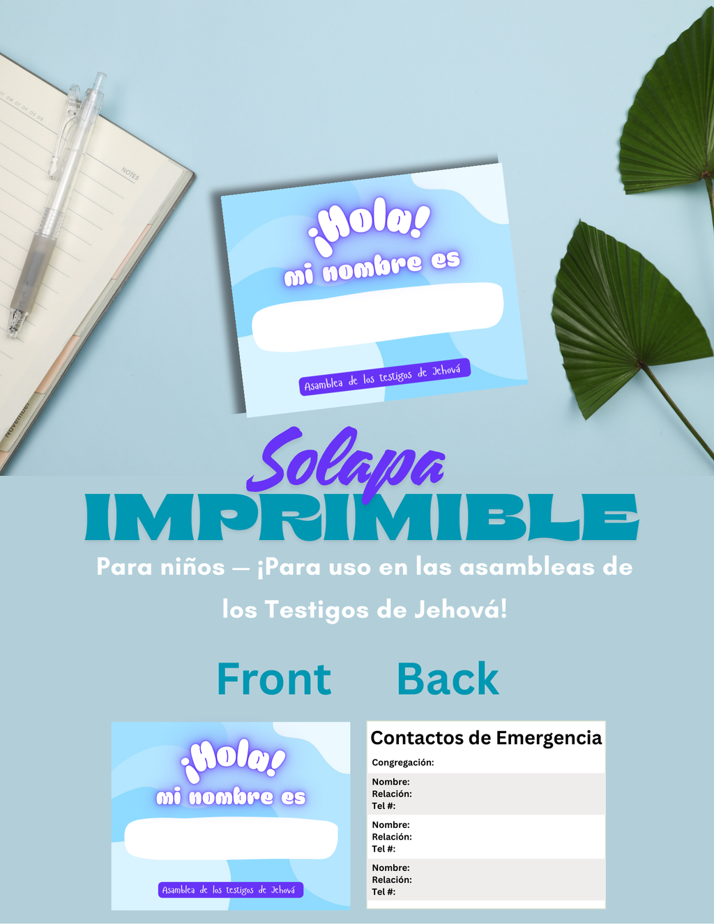 Etiqueta de nombre XL imprimible para niños con diseño azul al frente “¡Hola! mi nombre es” y sección trasera para hasta 3 contactos de emergencia y nombre de la congregación, para asambleas y convenciones cristianas