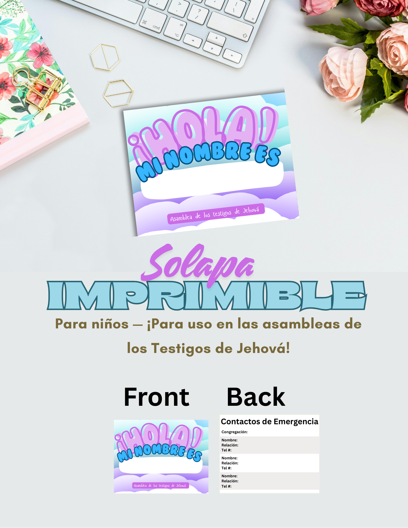 Etiqueta de nombre XL imprimible para niños con diseño divertido de nubes al frente “¡Hola! mi nombre es” y sección trasera para hasta 3 contactos de emergencia y nombre de la congregación, para asambleas y convenciones cristianas
