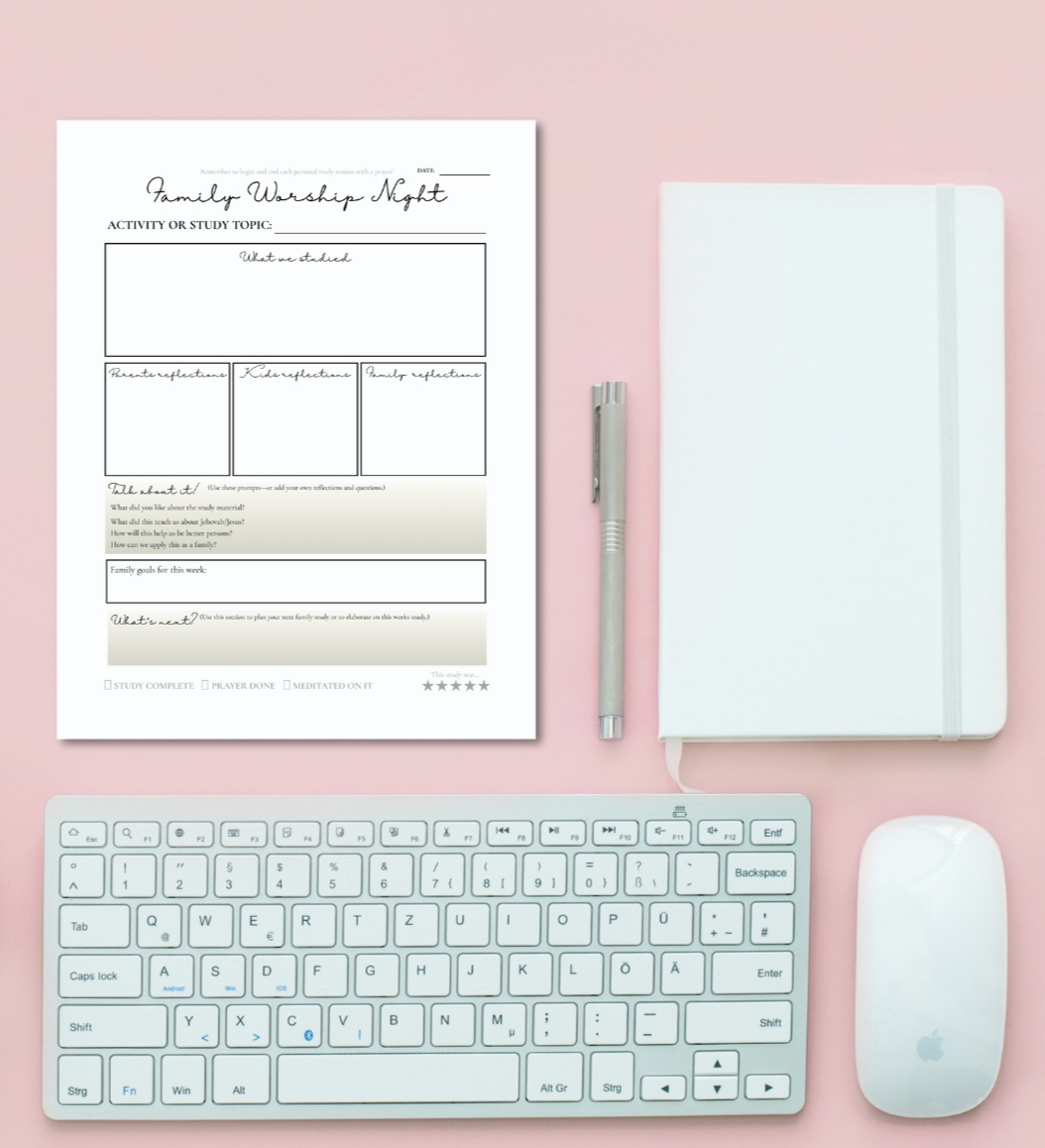 Family worship worksheet on a pink background with office supplies.