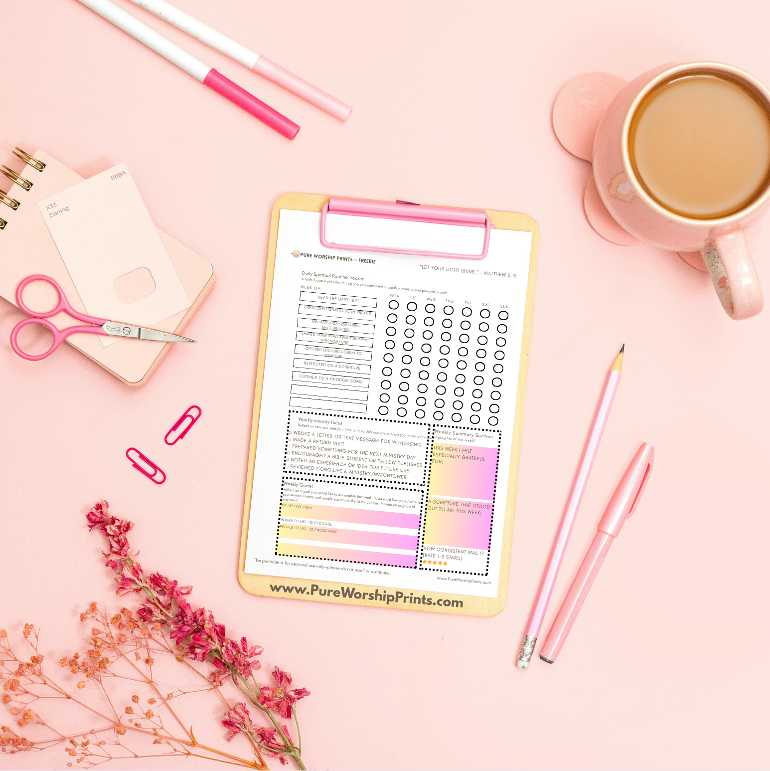 Printable weekly spiritual routine tracker PDF for November 2025, includes sections for JW ministry, devotional time, prayer, reflection, and personal growth