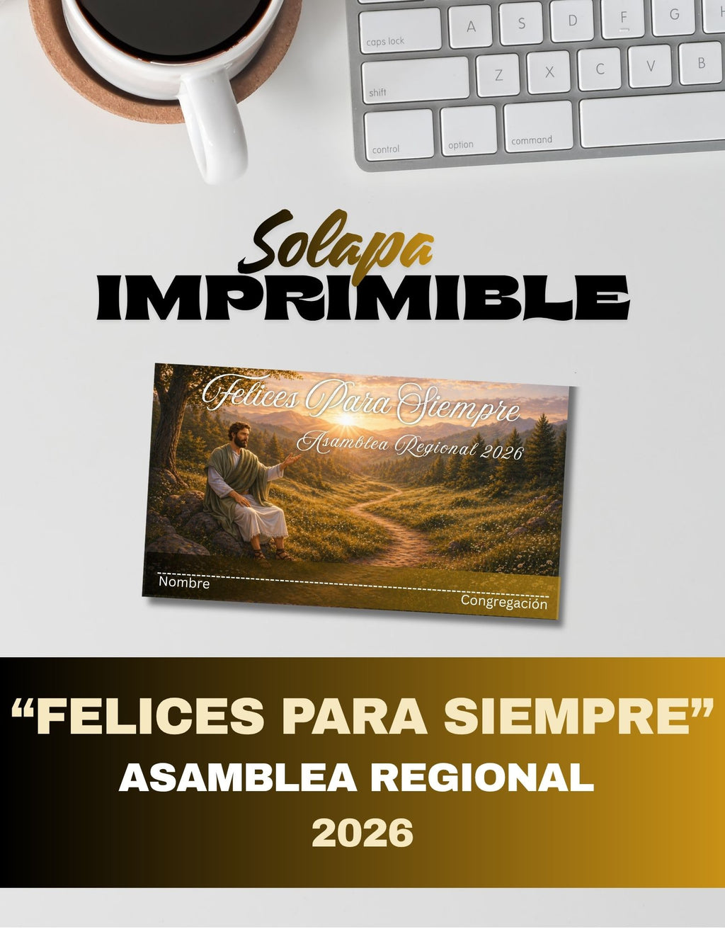 Gafetes imprimibles Asamblea JW 2026 Felices Para Siempre tamaño tarjeta 