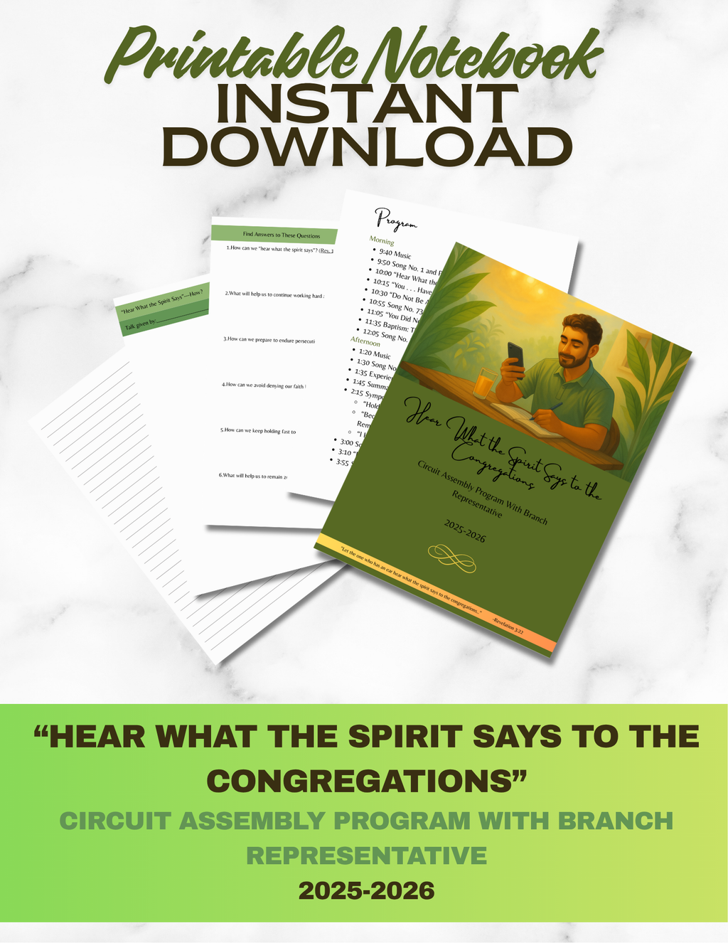 Printable 2025–2026 Circuit Assembly notebook PDF for Jehovah’s Witnesses, featuring full program with Branch Representative, talk pages, reflection sections, and extra note pages for families, youth, and adults. Hear What the Spirit Says to the Congregations 