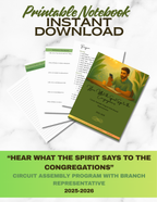 Printable 2025–2026 Circuit Assembly notebook PDF for Jehovah’s Witnesses, featuring full program with Branch Representative, talk pages, reflection sections, and extra note pages for families, youth, and adults. Hear What the Spirit Says to the Congregations 