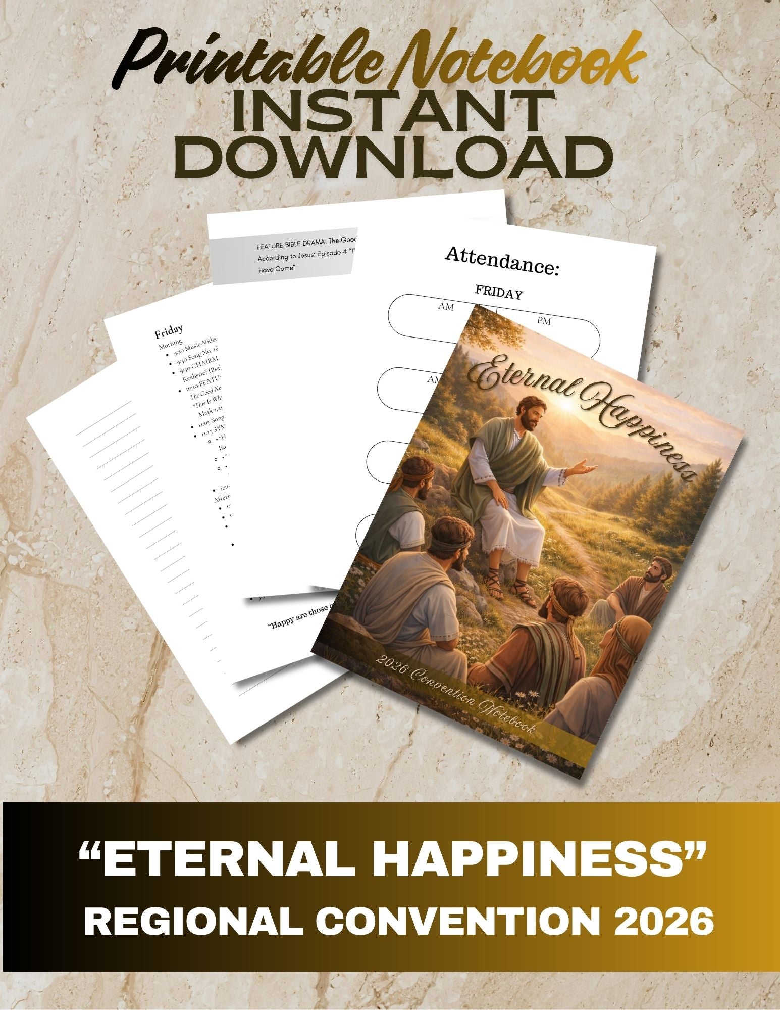 Printable notebook with 'Eternal Happiness' design on a textured surface