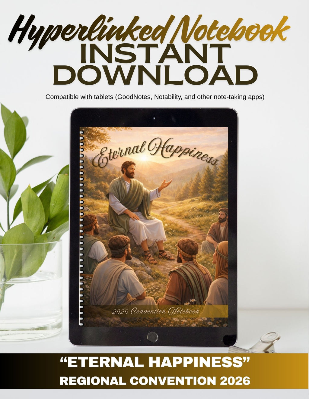 Digital notebook cover titled 'Eternal Happiness' with a religious scene on a tablet.