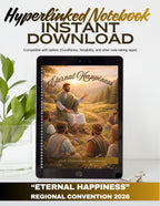Digital notebook cover titled 'Eternal Happiness' with a religious scene on a tablet.