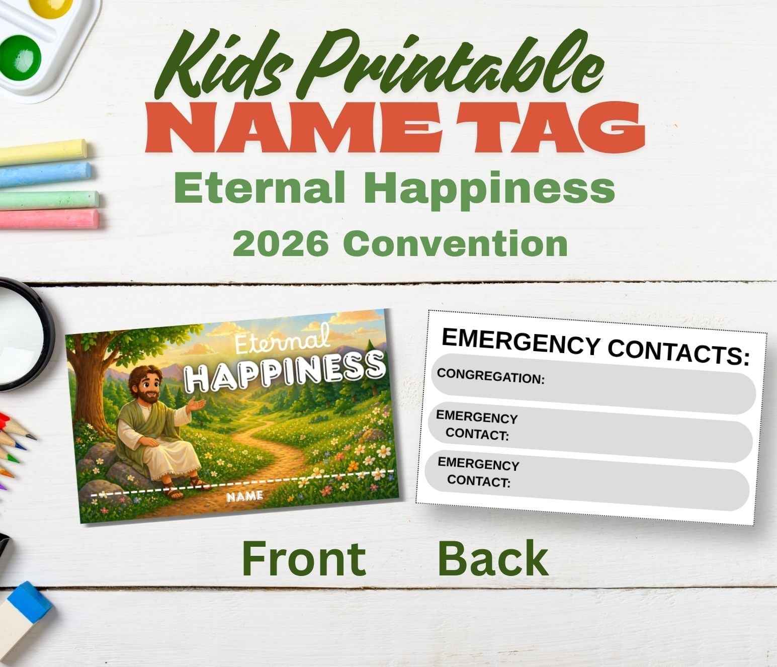 Kids Convention Name Tags 2026 | Eternal Happiness | Printable Badge Inserts | 3.5x2 ID Size | Front & Back PDF