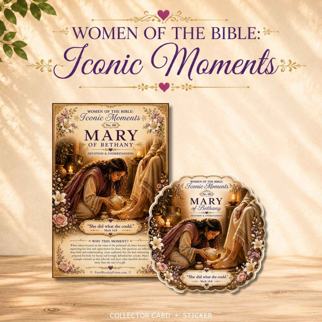 Mary of Bethany Sticker No. 8 | Iconic Moments: Women of the Bible | Premium Vinyl Sticker & Collector Card