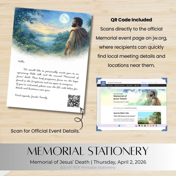 Memorial stationery with QR code for event details on a wooden surface