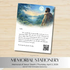 Memorial stationery with a scenic design and text on a wooden surface