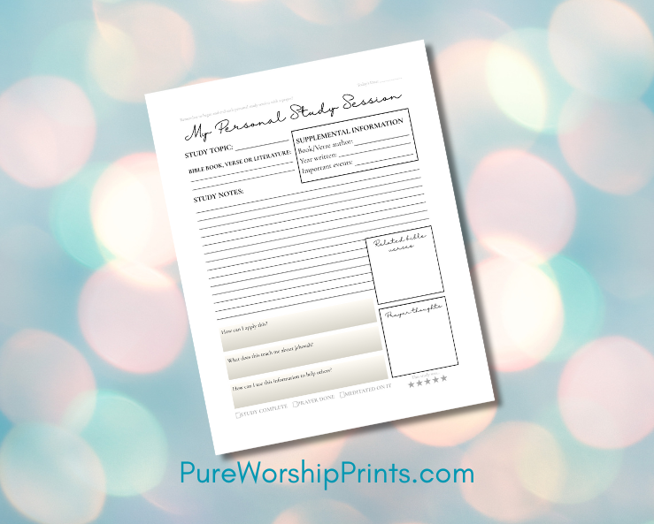 Personal Bible study worksheet PDF printable for JW study, includes space for notes, reflection prompts, spiritual goals, checkboxes for study and prayer, and star rating to track progress
