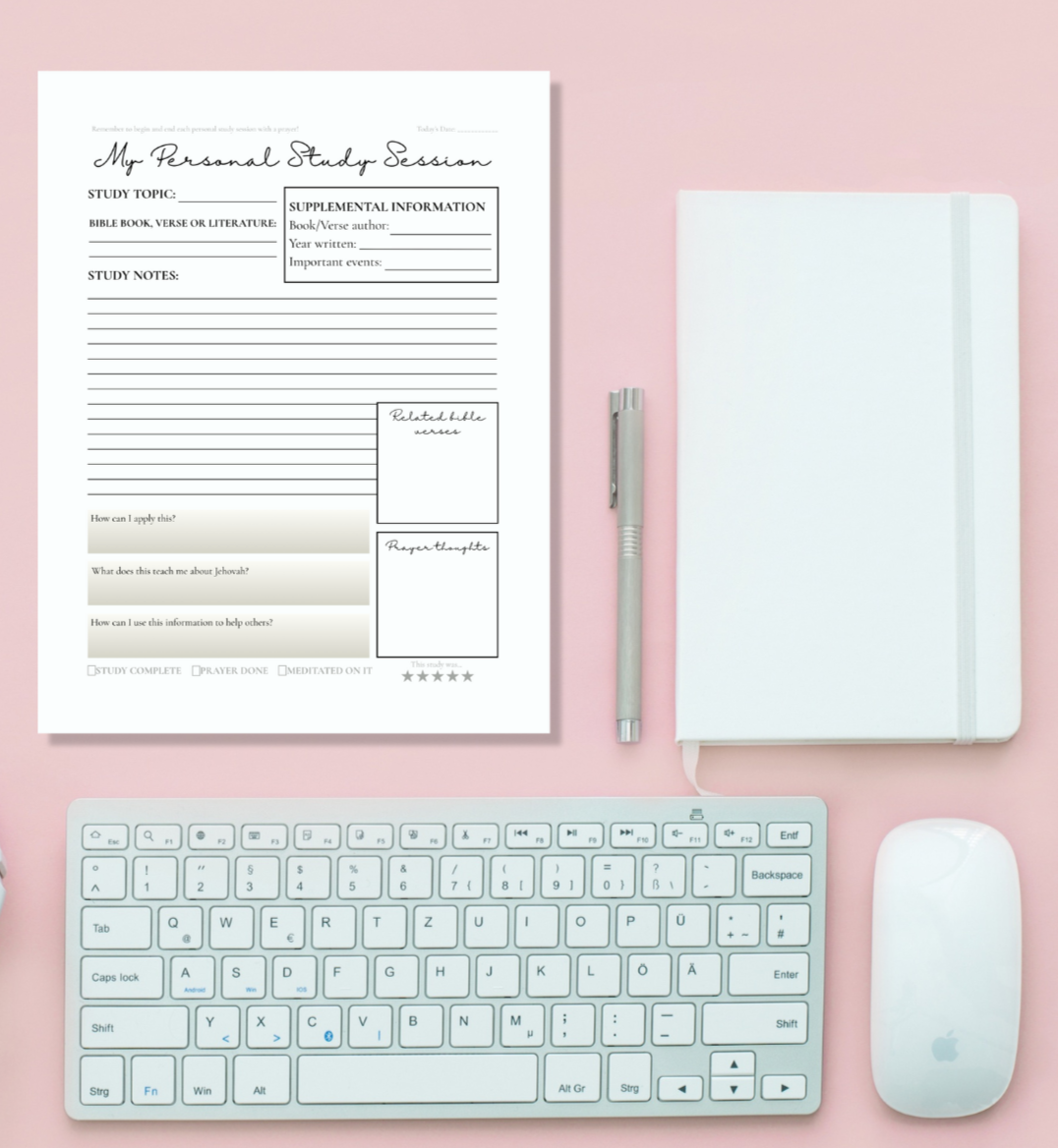 Personal Study Worksheet on a pink background with other office supplies