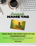 Printable name tag for Circuit Assembly Program with branch representative on a desk with coffee and keyboard.  Printable Circuit Assembly name tags 2025–2026 with the theme “Hear What the Spirit Says to the Congregations,” 