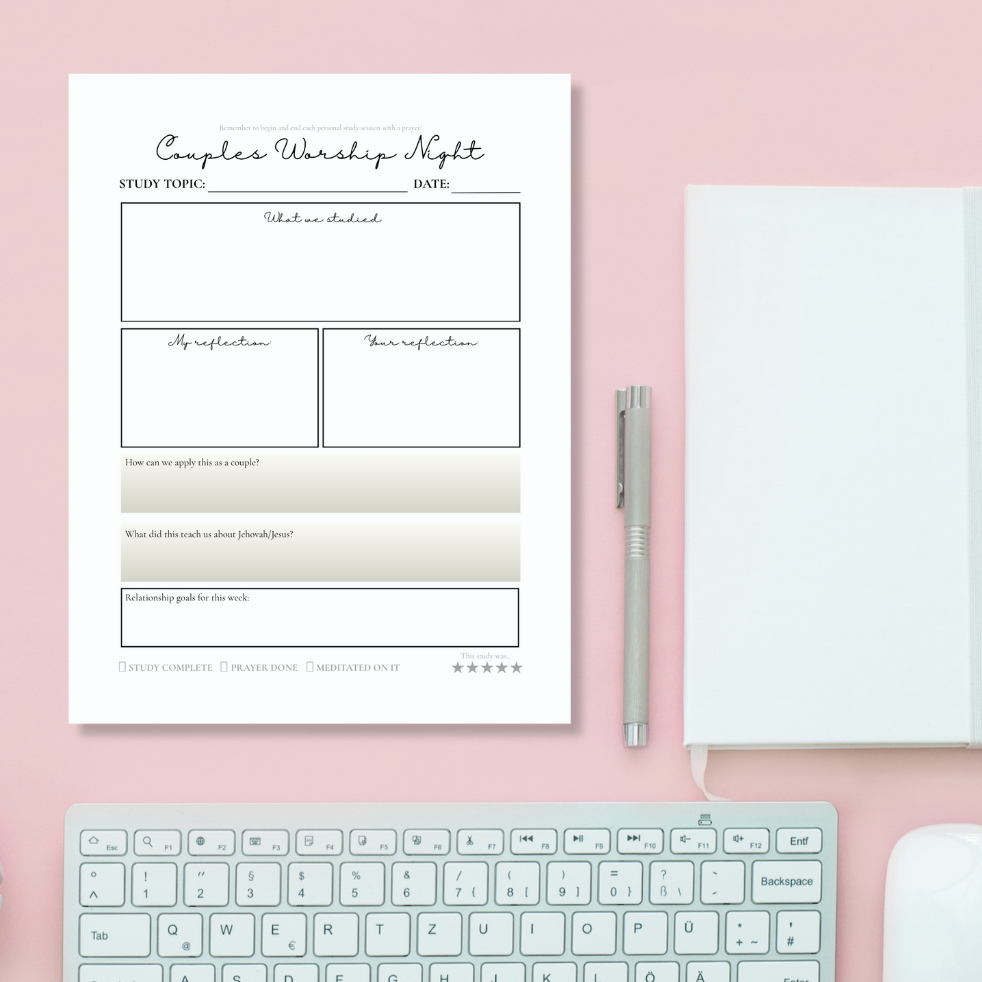 Printable Couples Worship Night worksheet PDF for Christian couples, includes Bible study prompts, reflection sections, weekly goals, and checkboxes for prayer and meditation