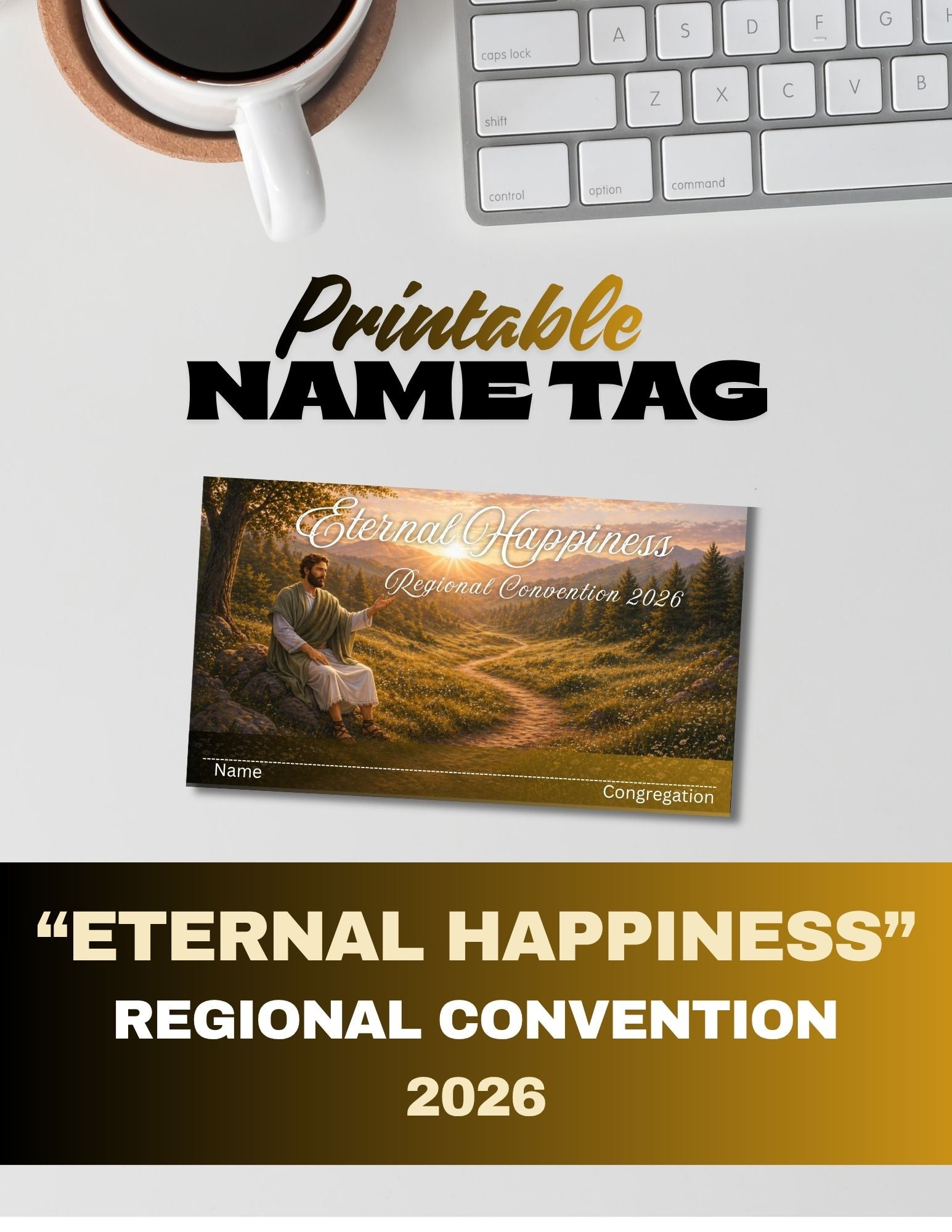 Printable name tag for 'Eternal Happiness' Regional Convention 2026 on a desk with a cup of coffee and keyboard.