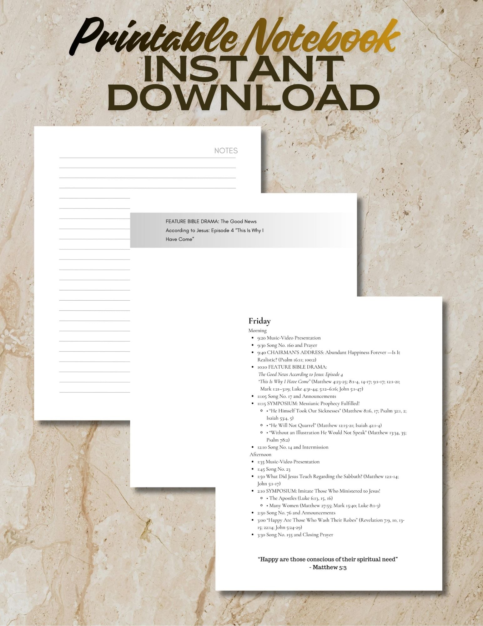 notes, program and guided pages 'Printable Notebook Instant Download'.