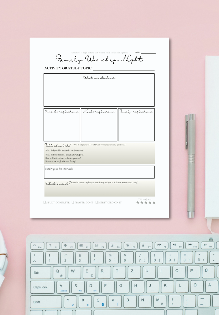 Printable PDF Family Worship Night worksheet for JW families, includes Bible study sections, reflection prompts, discussion questions, weekly spiritual goals, and checkboxes for study and prayer