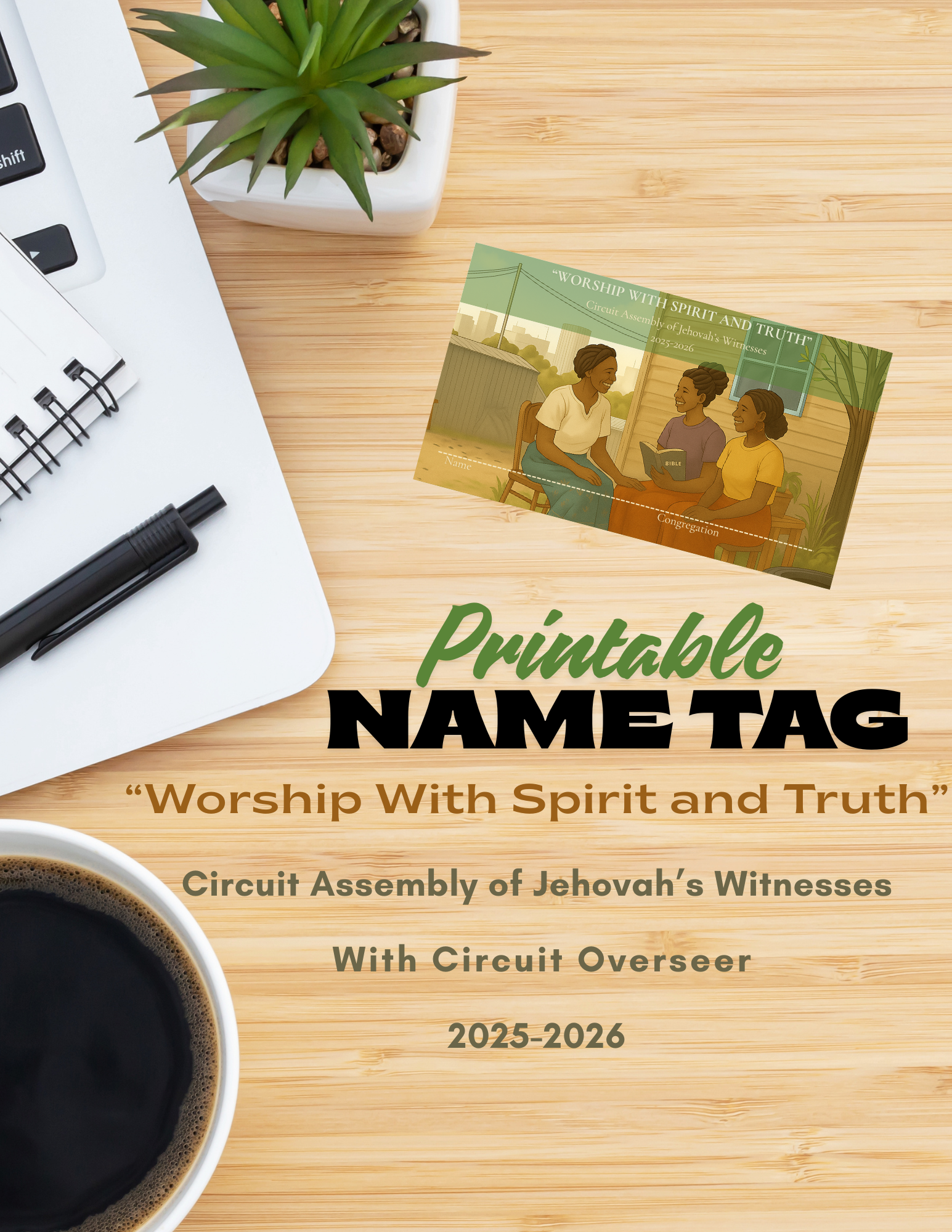 Printable “Worship With Spirit and Truth” 2025–2026 Circuit Assembly name tags PNG, 8 pre-formatted tags per sheet, perfect for Jehovah’s Witness families, youth, and assembly attendees.