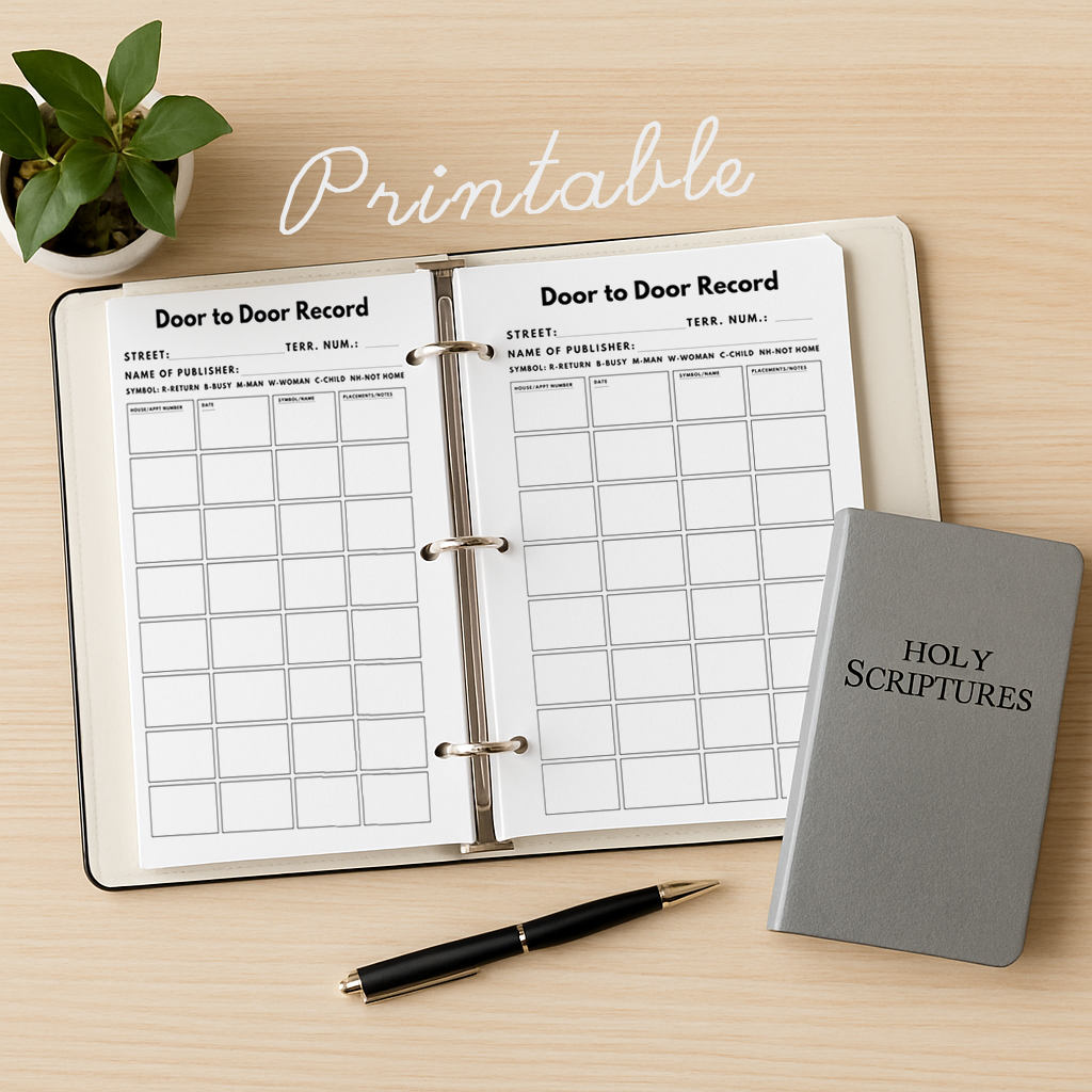 Printable door-to-door ministry tracker PDF for JW preaching, includes sections for name, address, date visited, literature given, follow-up notes, and ministry goal tracking