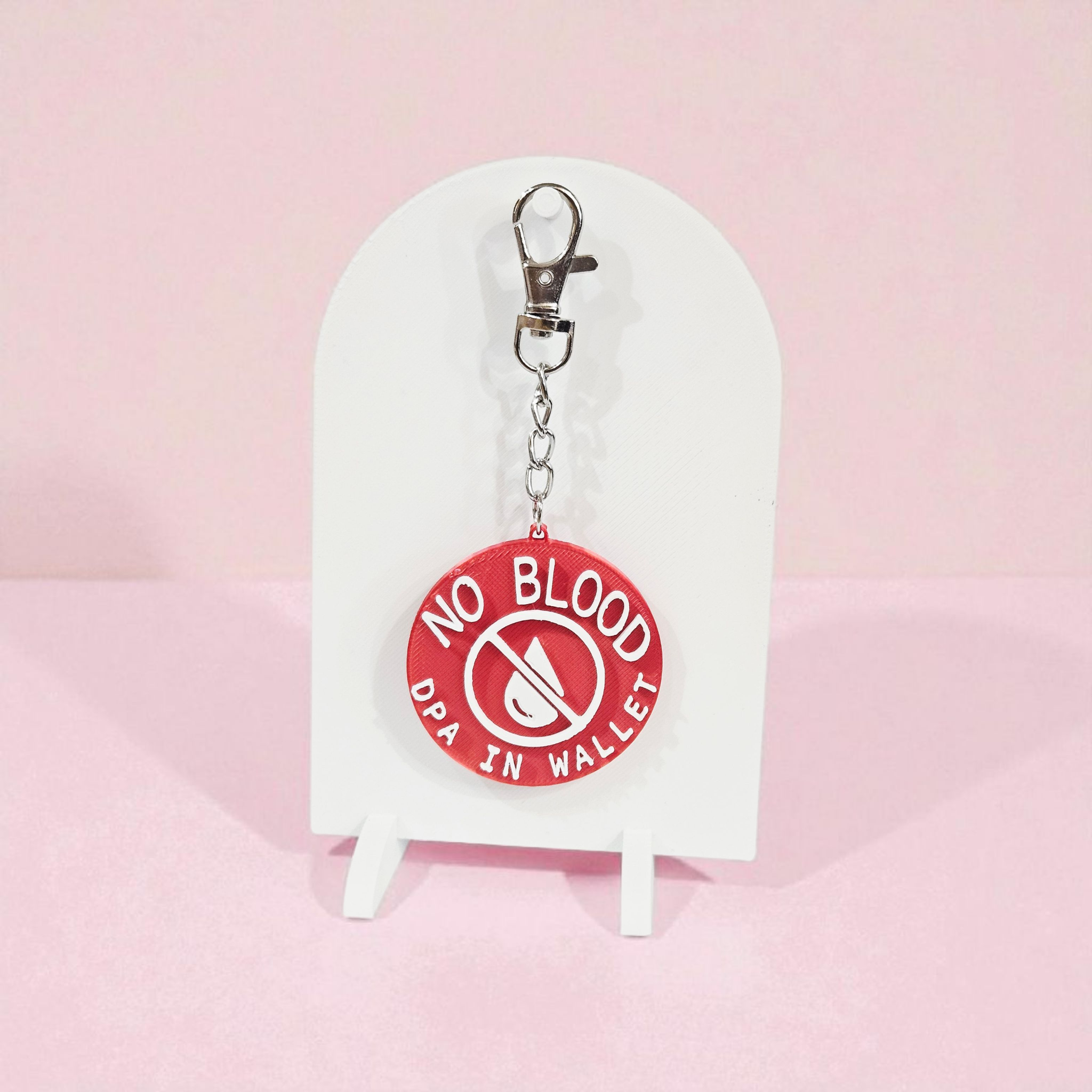 Red “No Blood – DPA in Wallet” 3D printed keychain, silk finish, lightweight and durable medical ID accessory for JW ministry and everyday use
