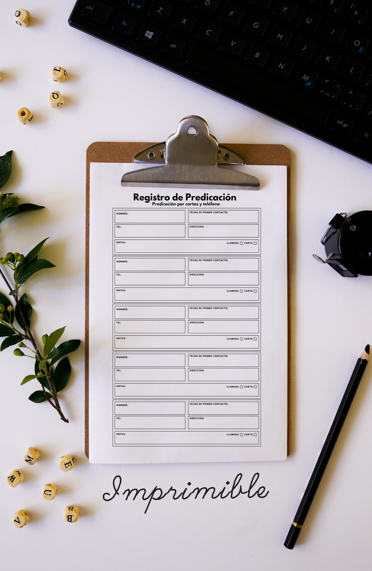 Registro imprimible de llamadas, cartas y visitas para siervos de Jehová, PNG tamaño carta 8.5x11, ideal para seguimiento de predicación, ministerio y estudios bíblicos.