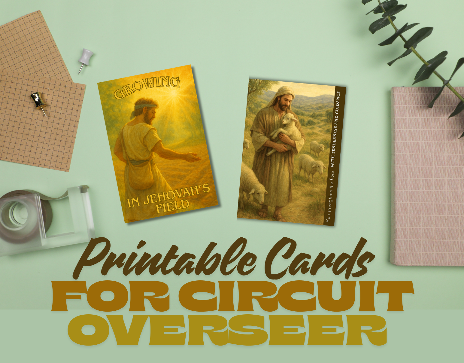 Set of 2 printable Circuit Overseer thank-you cards in warm pastoral style, high-resolution PDF for Jehovah’s Witness ministry, appreciation gift, and digital download for printing at home or locally.