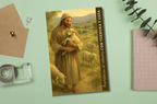 Card of a shepherd holding a lamb on a hillside background with free roaming lamb. Tarjetas para siervo de circuito medidas 4x6, regalos para jw, regalos para siervos de circuito, jw gifts,