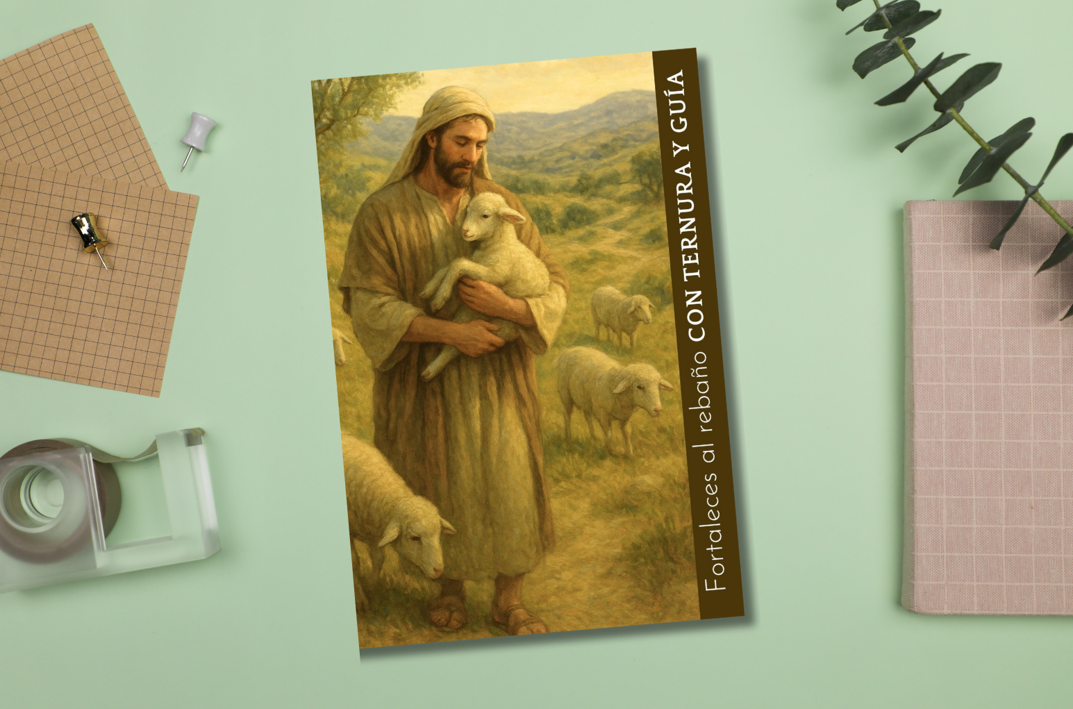 Card of a shepherd holding a lamb on a hillside background with free roaming lamb. Tarjetas para siervo de circuito medidas 4x6, regalos para jw, regalos para siervos de circuito, jw gifts,
