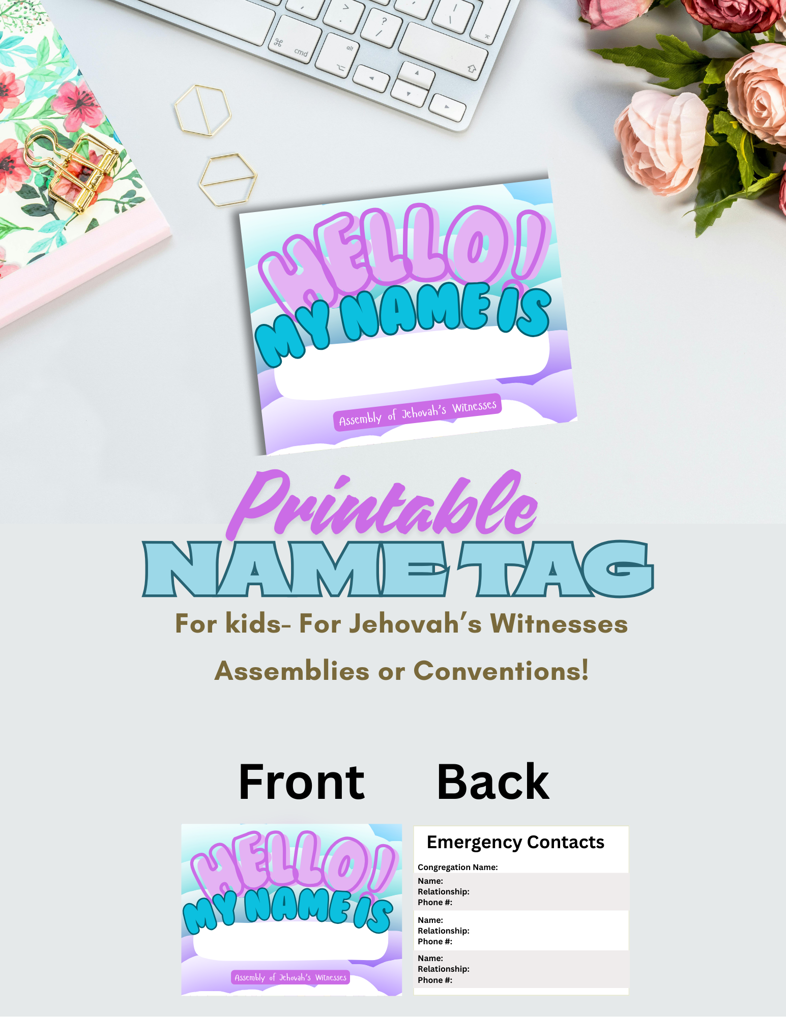 XL printable kids name tag PDF with Clouds design, front “Hello, my name is” and back section for up to 3 emergency contacts, ideal for JW assemblies and conventions