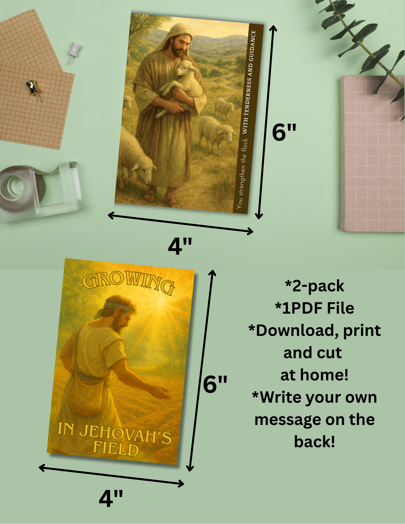 Two religious-themed cards with dimensions and text on a light green background.