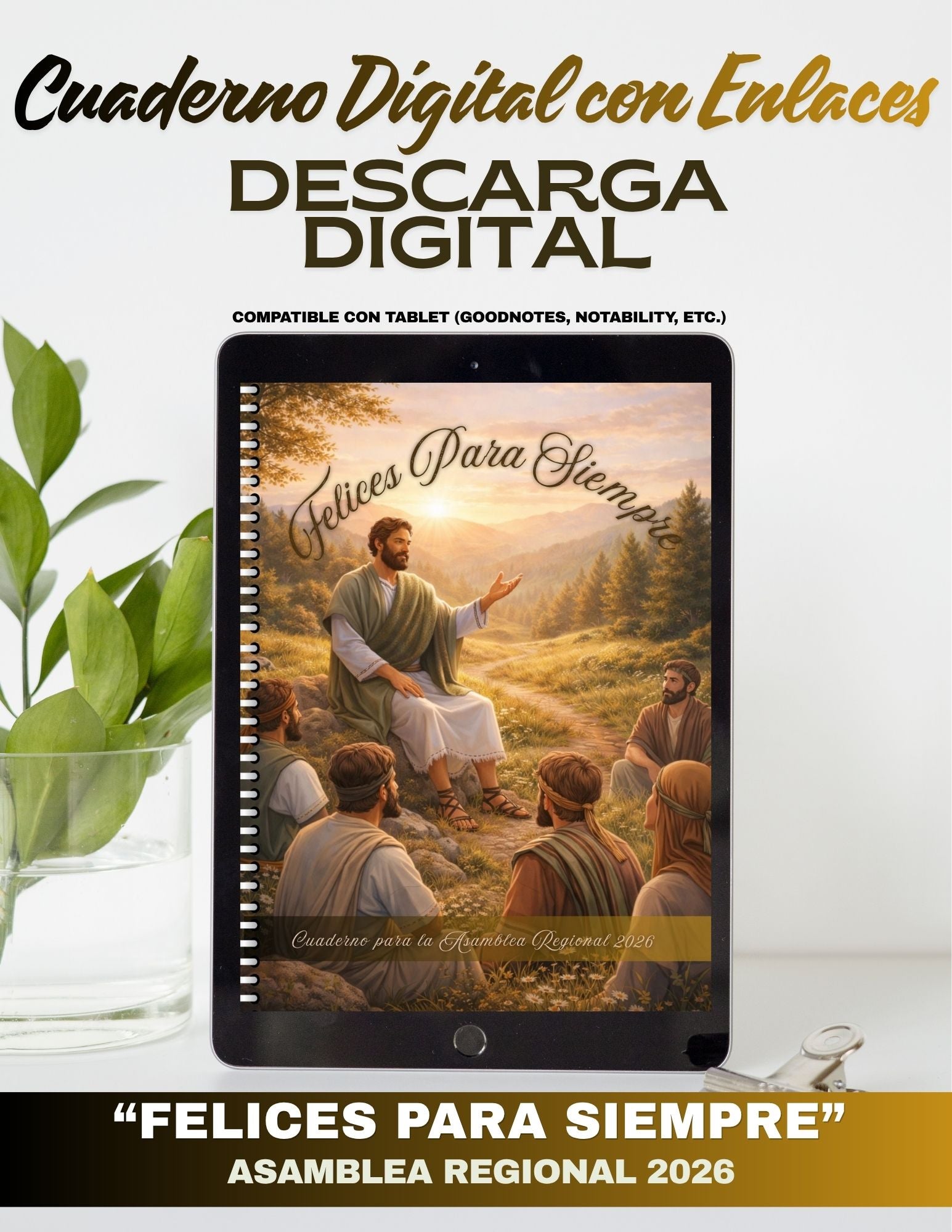 Digital notebook cover with a religious theme on an tablet, surrounded by plants.