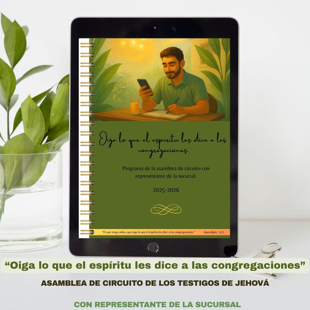 Tablet displaying a digita notebook with title "oiga lo que el Espiritu les dice a las congregaciones"