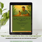 Tablet displaying a digita notebook with title "oiga lo que el Espiritu les dice a las congregaciones"