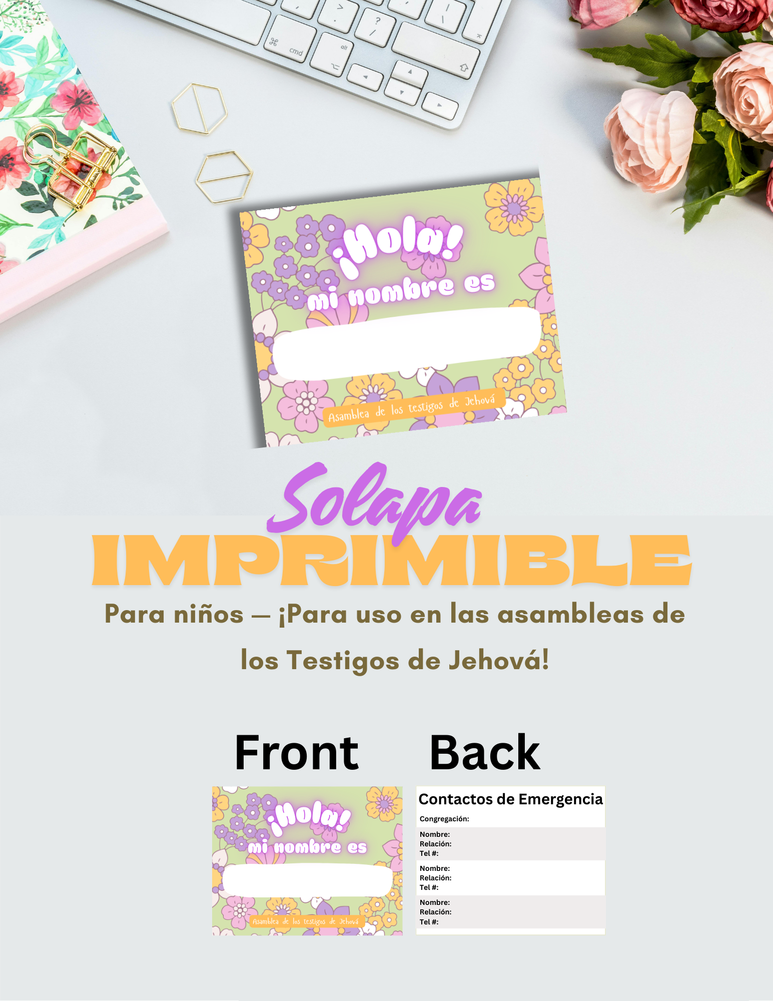 XL Etiqueta de Nombre Para Niños  Imprimible con Contactos de Emergencia | Para Asambleas y Convenciones de los Testigos de Jehová