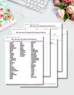 My Journey Through the Scriptures printable pack — 5-page Bible reading tracker, notes sheets, spiritual gems worksheet, and reflection pages displayed on a desk with flowers and stationery.
