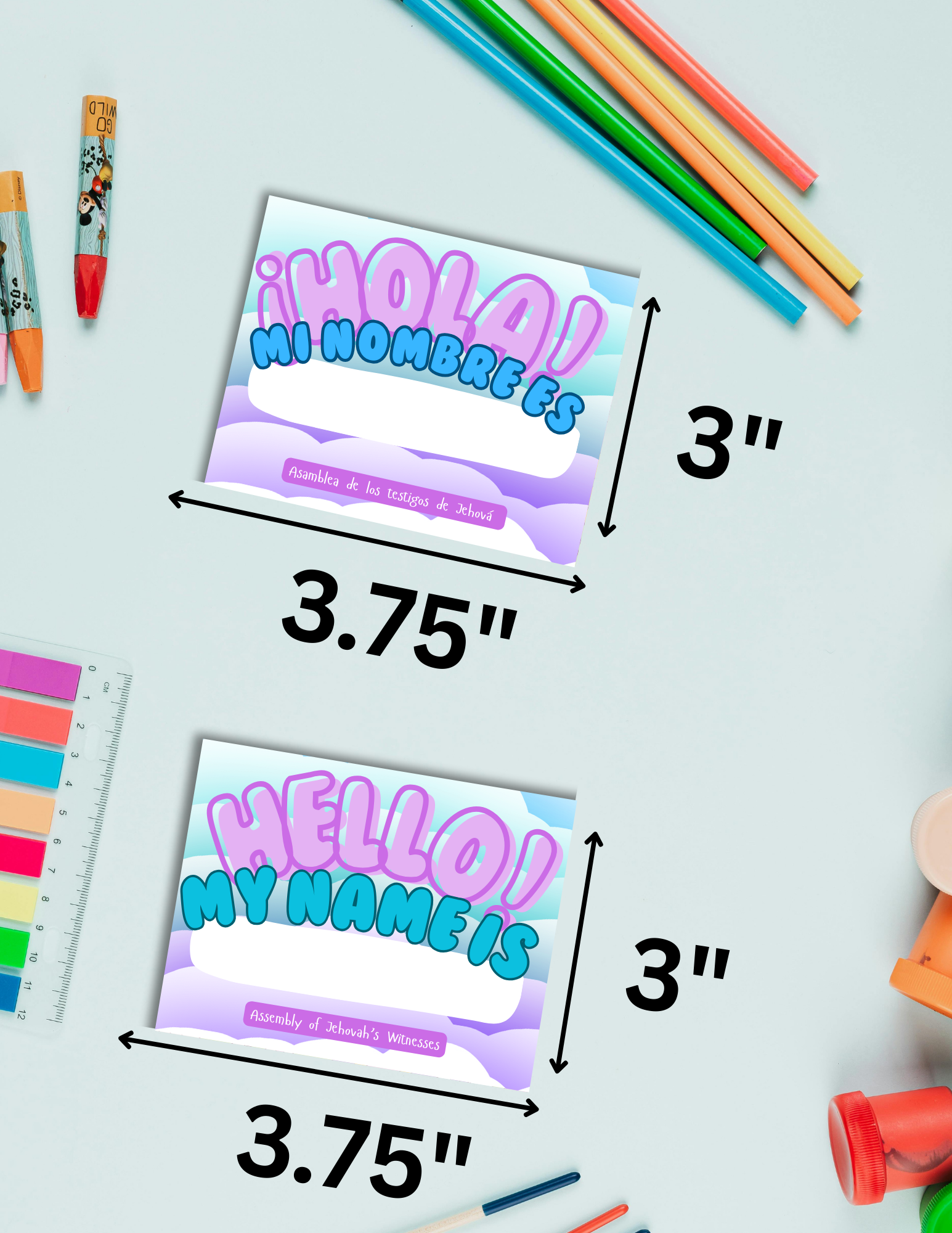 XL printable kids name tag PDF with Clouds design dimensions labeled on a light blue background with colorful markers.