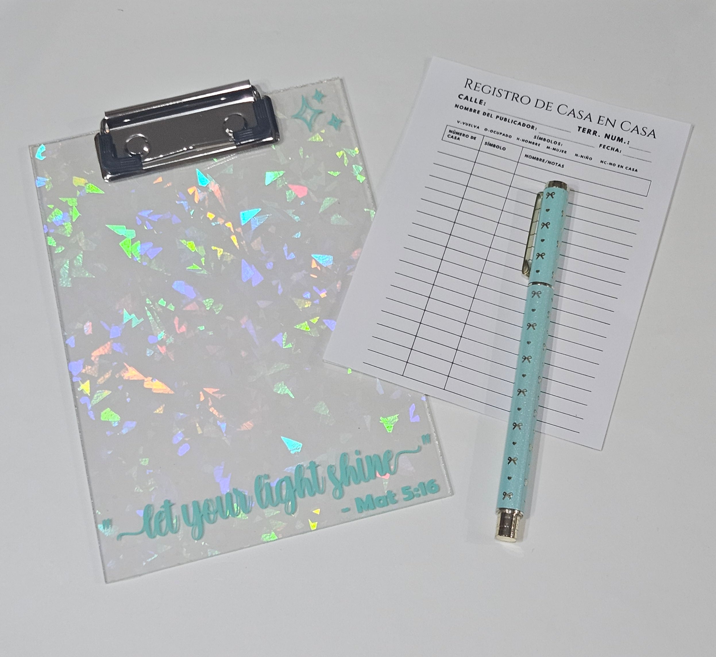 Holographic clipboard with a pen and a sheet on a white background