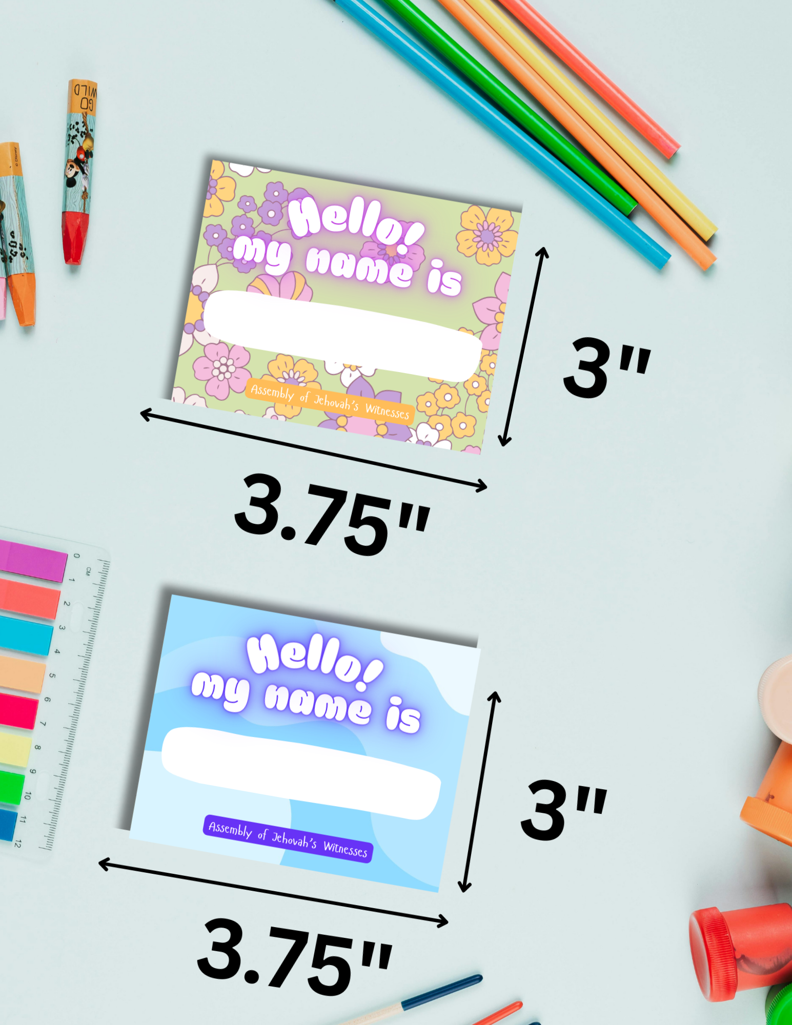 Name tags with dimensions and stationery items on a light blue background